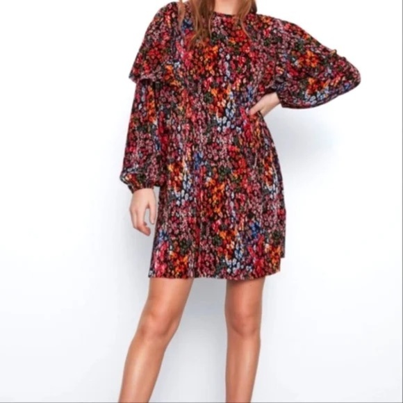 Zara Floral Puff Sleeve Smock Mini Dress Blogger Favorite Feminine Loose fit L - Picture 1 of 8